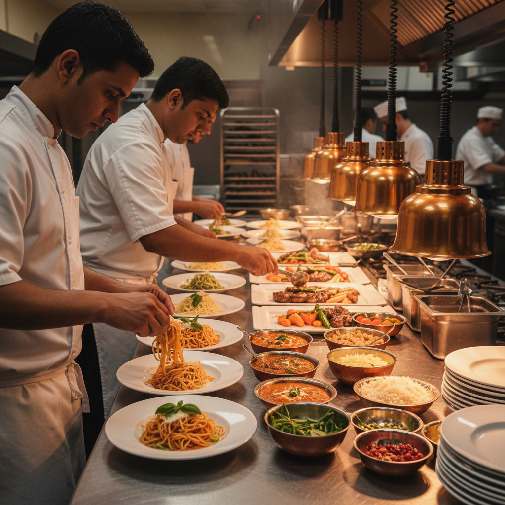 Chefs plating diverse multi‑cuisine dishes for a Toronto wedding reception catering service