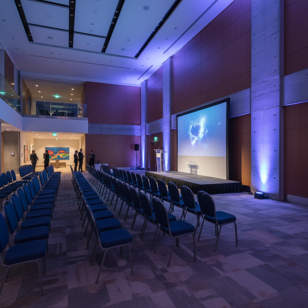 Corporate conference setup in a modern Mississauga event venue with stage lighting and rows of seating