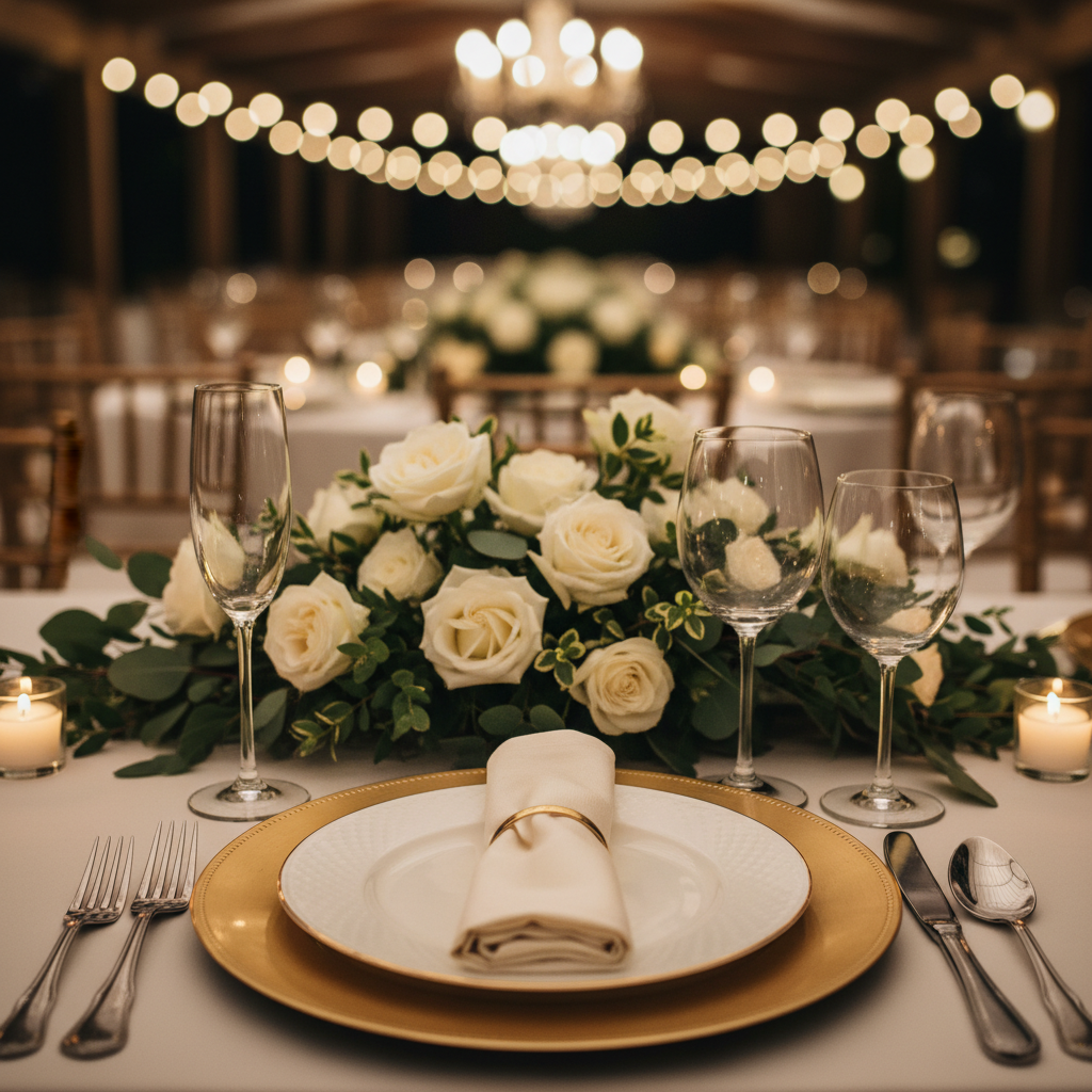 Elegant wedding table setting at a luxury event venue in Mississauga Ontario with crystal glassware and floral centerpiece