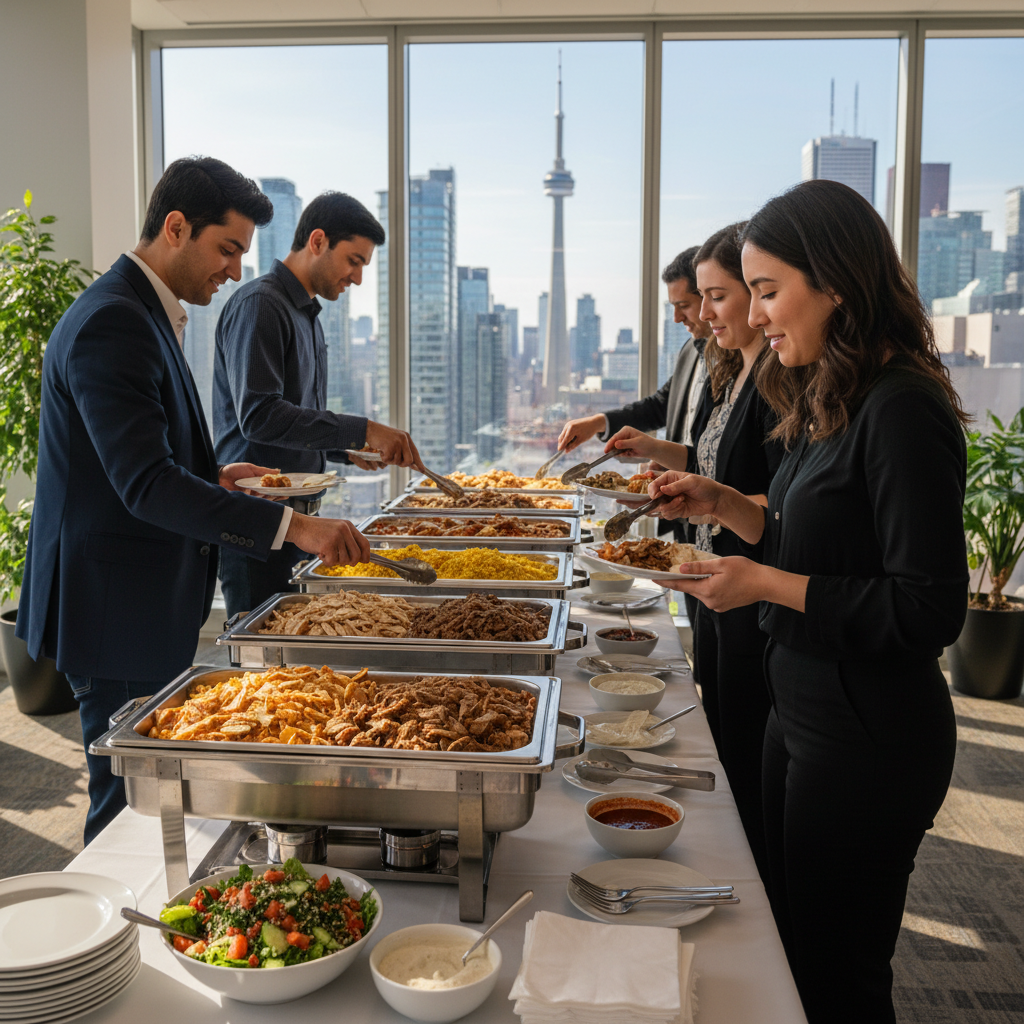 Buffet catering scene in downtown Toronto with shawarma, rice, salads, and sauces for corporate events