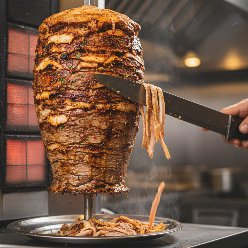 Close-up of authentic shawarma being shaved from the rotisserie at a Middle Eastern restaurant in Toronto, showing juicy texture and spices