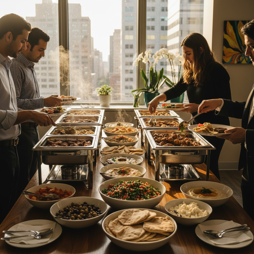 Corporate Mediterranean catering setup in a bright Toronto office with chafing dishes, salads, pita, and kebabs