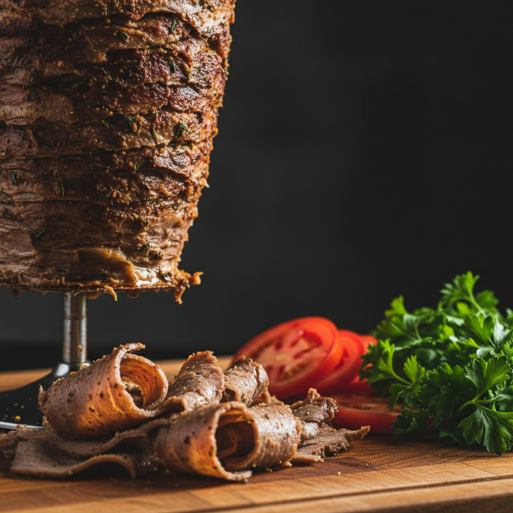 Close-up shawarma carved from vertical rotisserie at a Mediterranean restaurant Toronto, showing crispy edges and spices