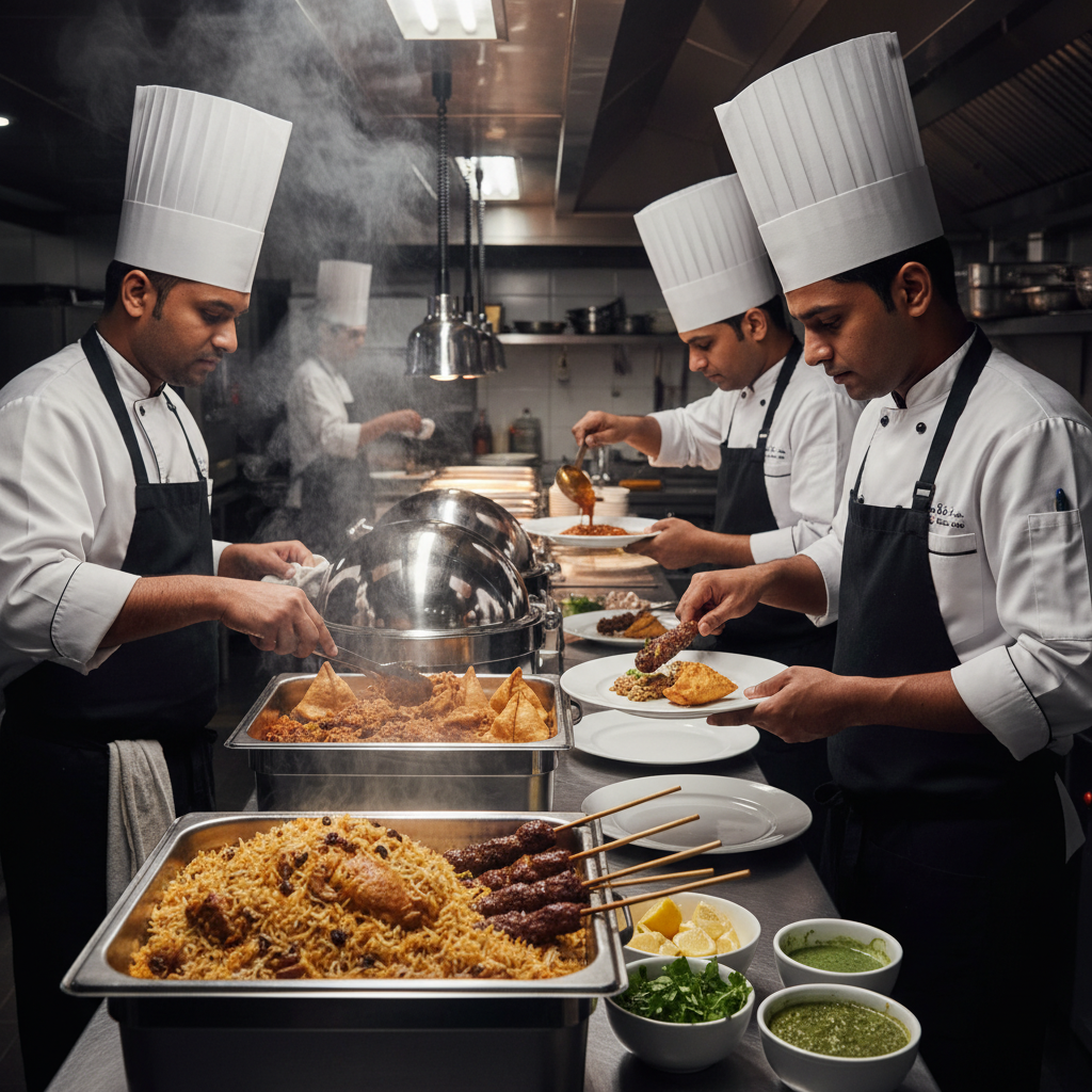 Professional halal catering team plating biryani, samosas, and kebabs in a Mississauga event kitchen