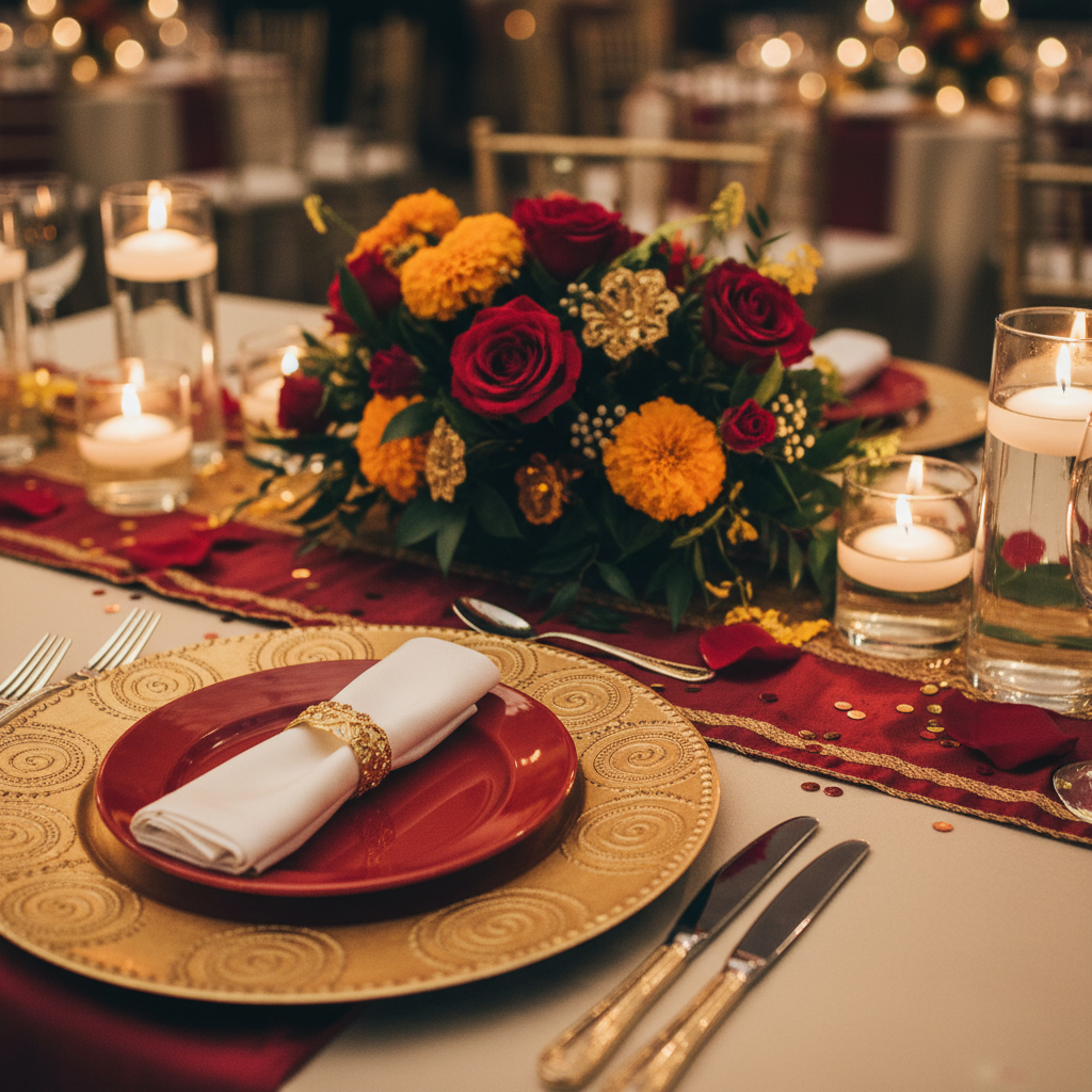 Close-up of South Asian wedding table decor with gold chargers, red and gold florals, and candles at a luxury event venue in Mississauga