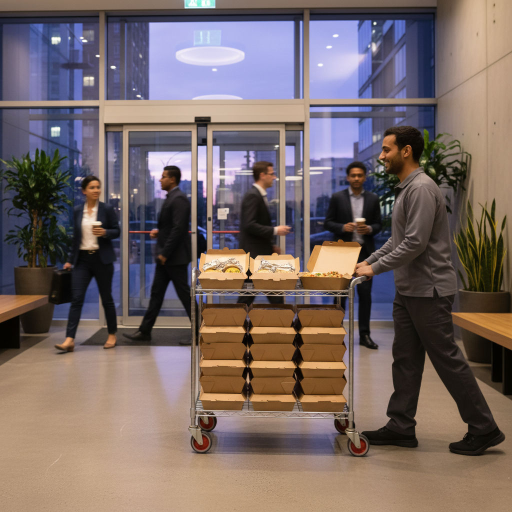 Eco-friendly boxed Middle Eastern meals delivered on a cart through a downtown Toronto office lobby for corporate catering