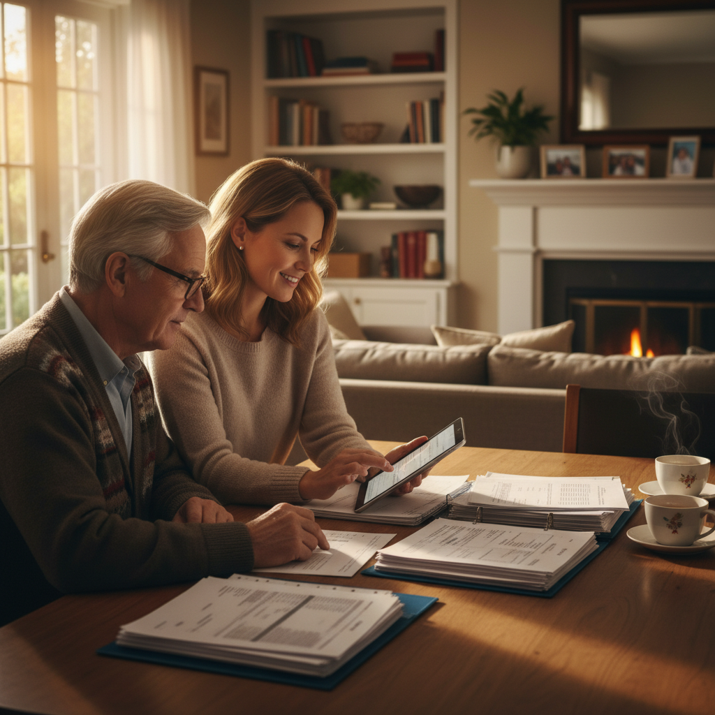 Family in Toronto discussing power of attorney at home, adult child and parent reviewing papers with tablet