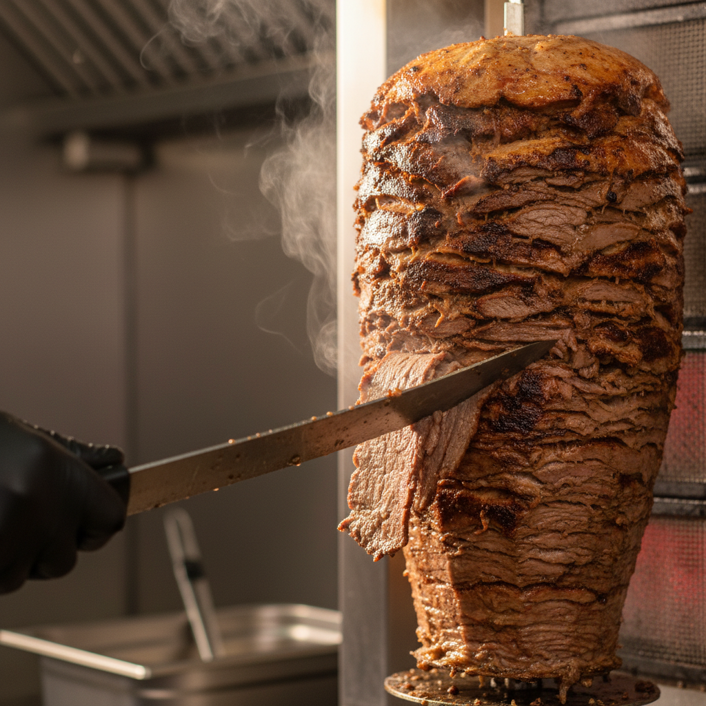 close-up of authentic beef doner shawarma sliced from rotisserie, crispy edges, Turkish restaurant Toronto detail