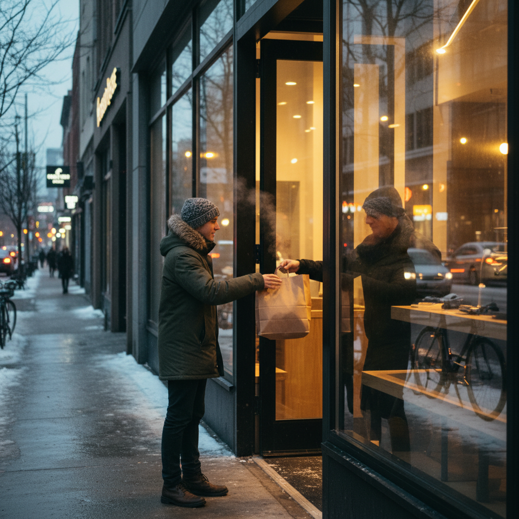 Toronto takeout scene at dusk, Turkish food handoff outside storefront, delivery and pickup for Turkish restaurant Toronto