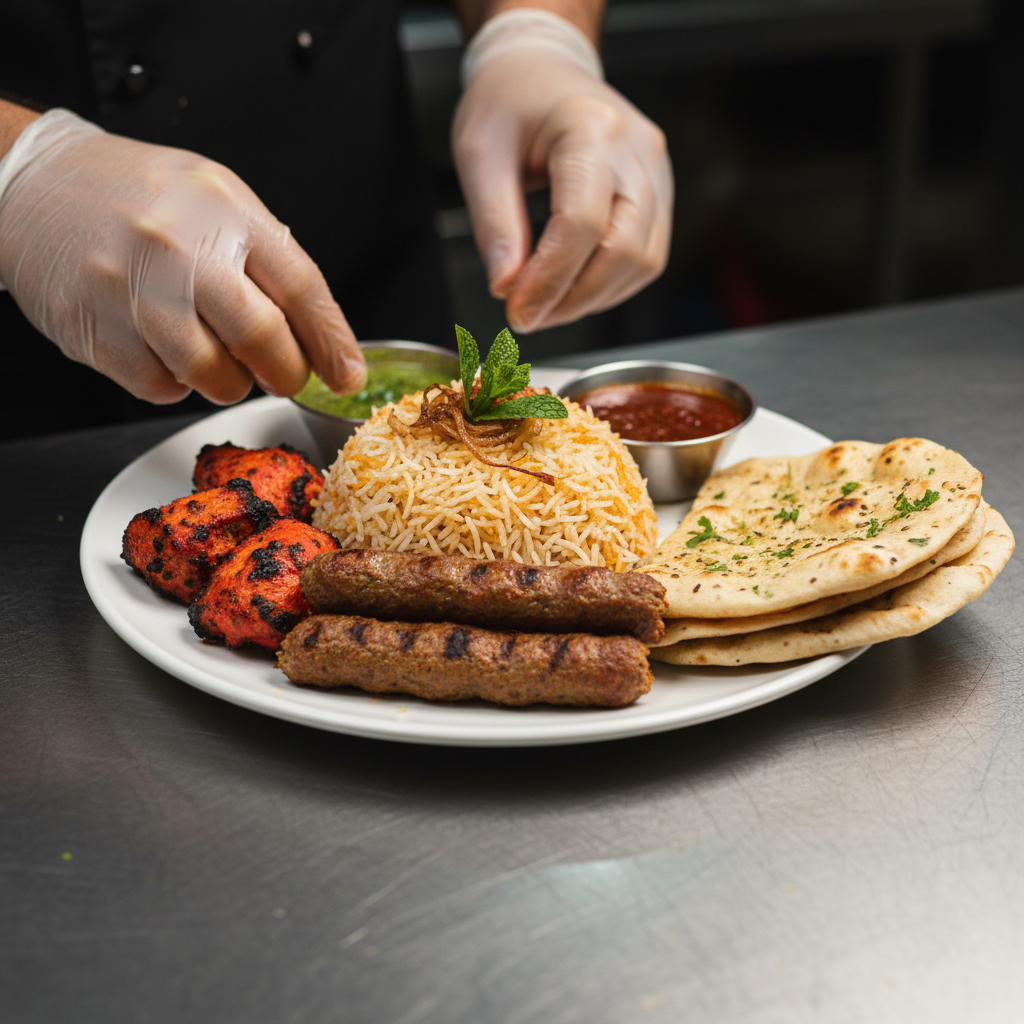 Close-up of halal South Asian wedding menu being plated—biryani and kebabs—at a wedding venue with halal catering in Mississauga