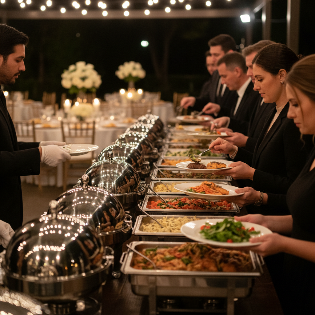 Upscale buffet line with attentive staff at a wedding venue with halal catering in Mississauga