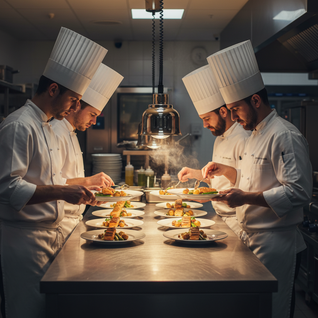 Professional catering team plating entrees in a modern Woodbridge banquet kitchen serving the GTA