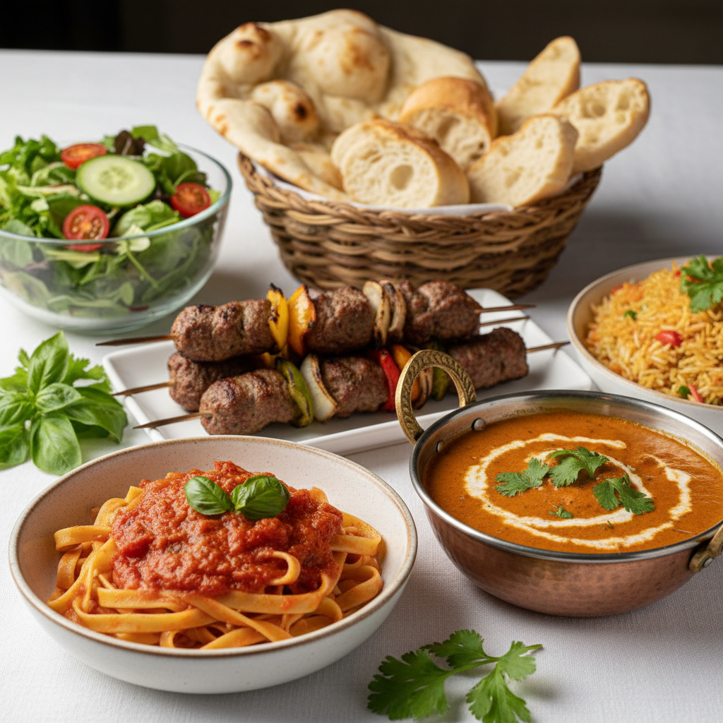 Multi-cuisine catering spread at a modern GTA wedding venue featuring Italian pasta, Indian butter chicken, Afghan kebabs, salad, and naan