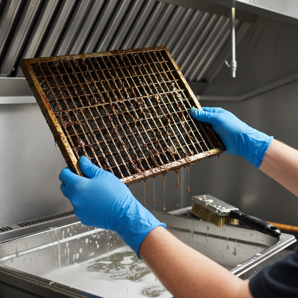 Close-up of baffle filter removal during restaurant hood cleaning Toronto with visible grease buildup