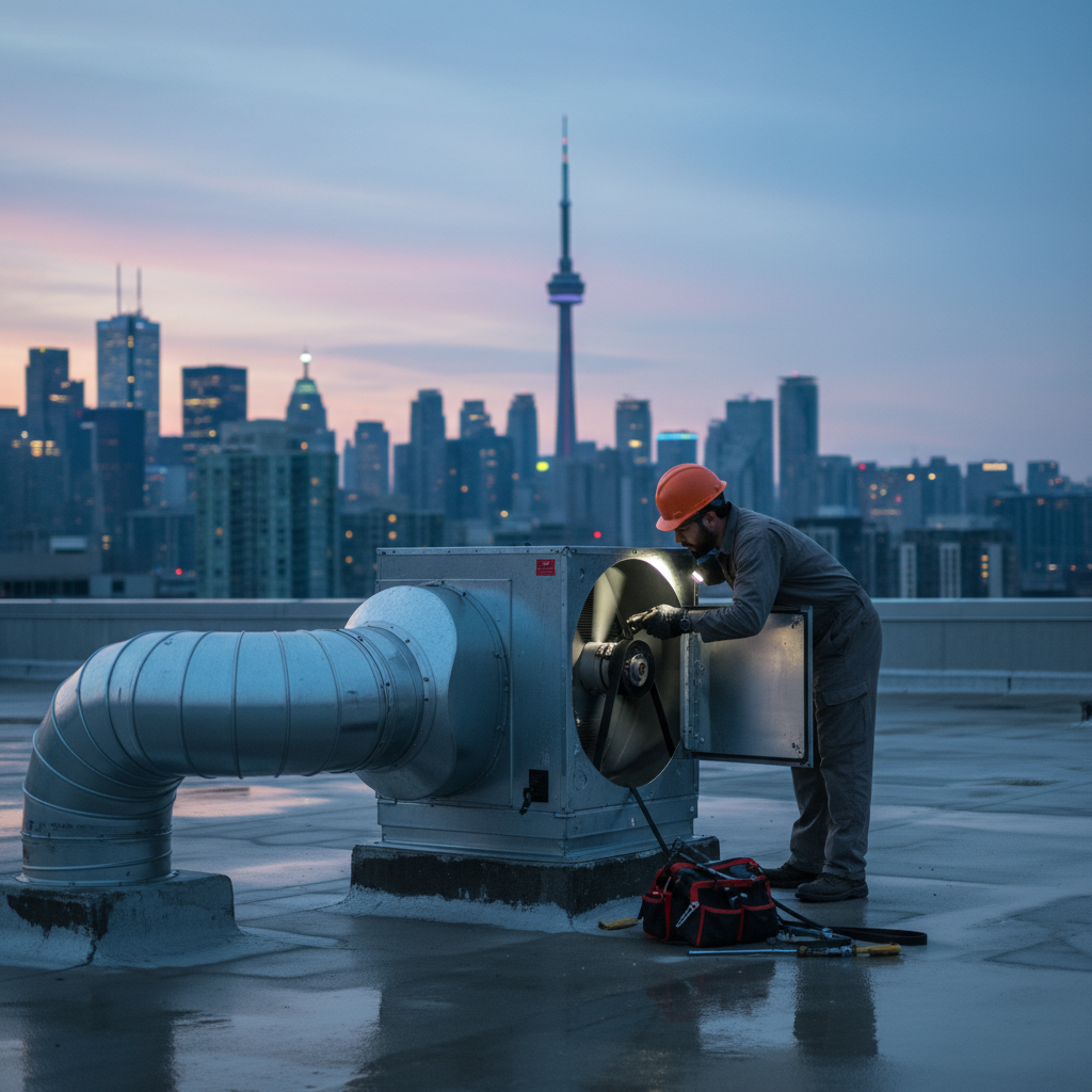 Rooftop exhaust fan service with Toronto skyline, technician checking fan belt and housing
