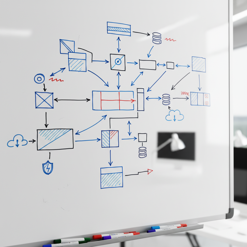 Architecture planning close-up for custom web application development with system boxes and arrows, no text shown
