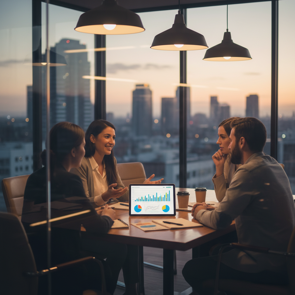 Stakeholder meeting for a custom web application project in a modern conference room, tablet displays charts without text
