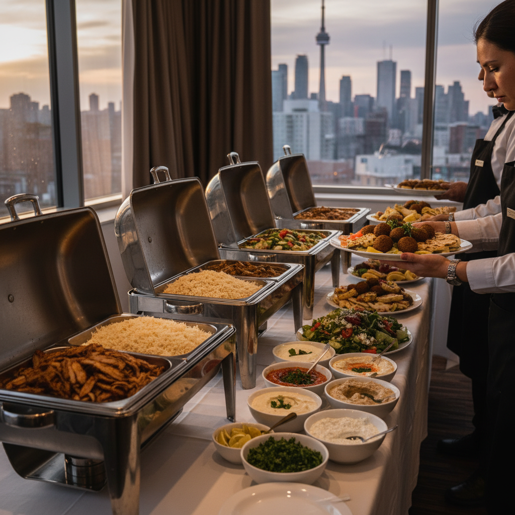 Mediterranean catering buffet with shawarma, rice, salads, and sauces being set up in a downtown Toronto office boardroom near Queen Street West