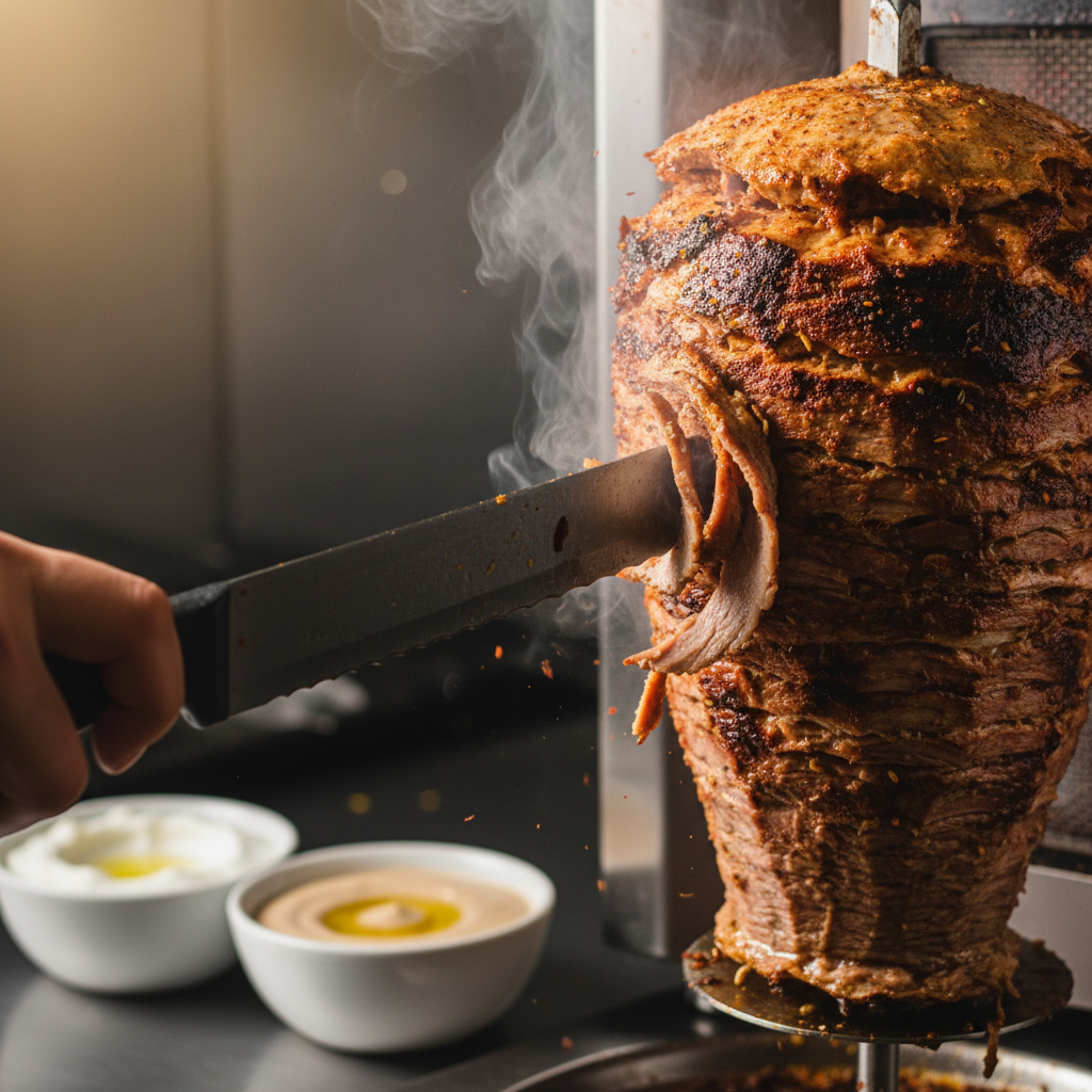Close-up of authentic shawarma carved from a vertical rotisserie with crispy edges and spices, Mediterranean food Queen Street West detail