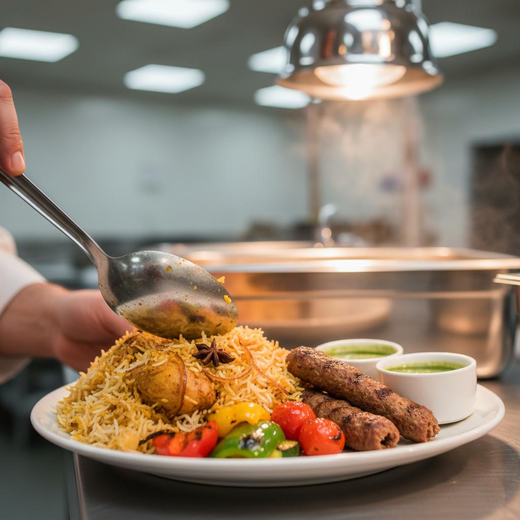 Close-up of halal Pakistani wedding cuisine being plated with biryani and kebabs at a Mississauga banquet hall