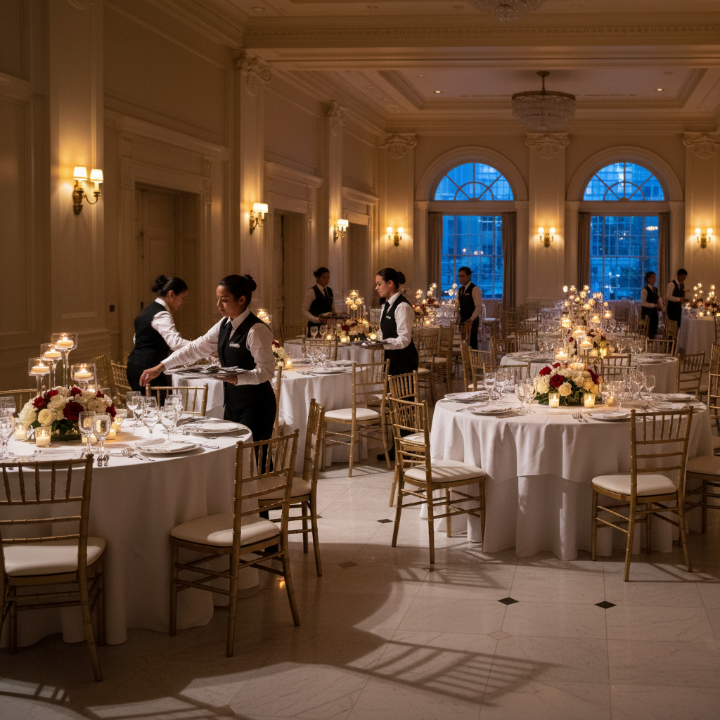 Grand ballroom team setting round tables with gold chairs for a Mississauga halal wedding reception