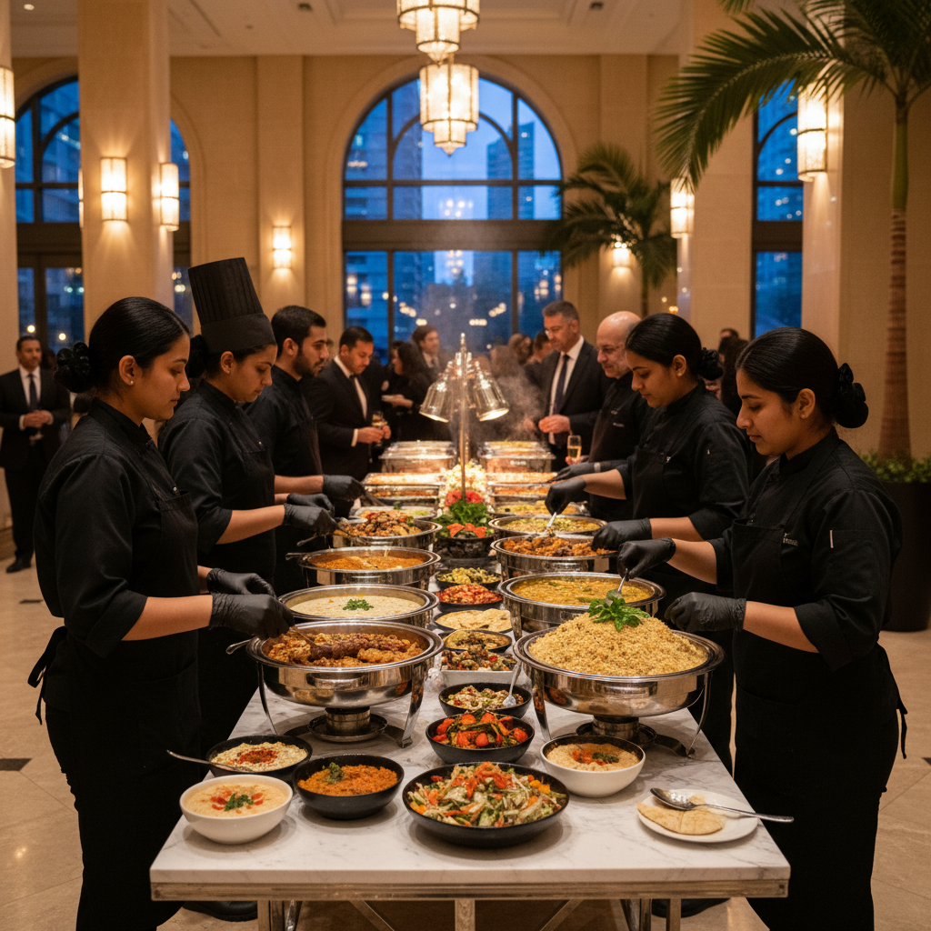 Catering team setting up a halal buffet line at a Mississauga wedding venue foyer