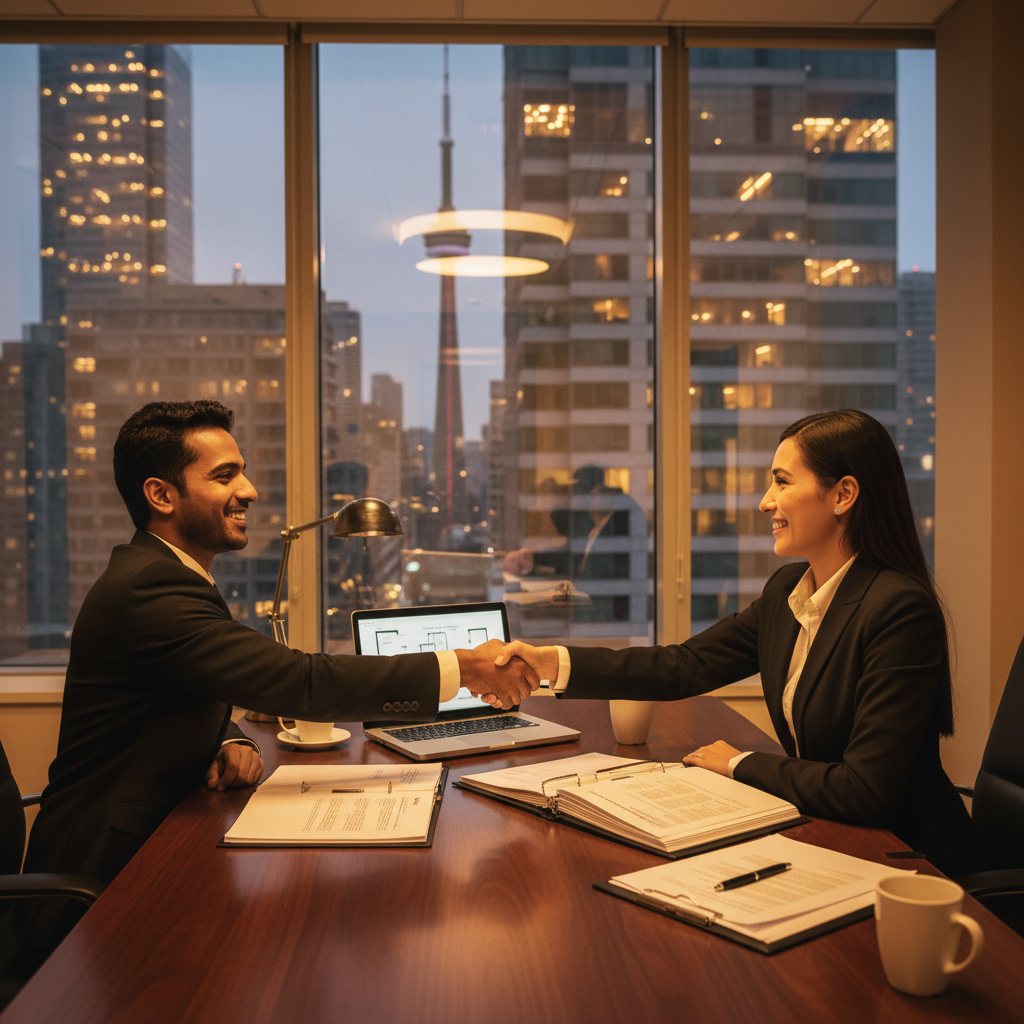 Clients meeting a Toronto real estate lawyer to review closing documents before registration