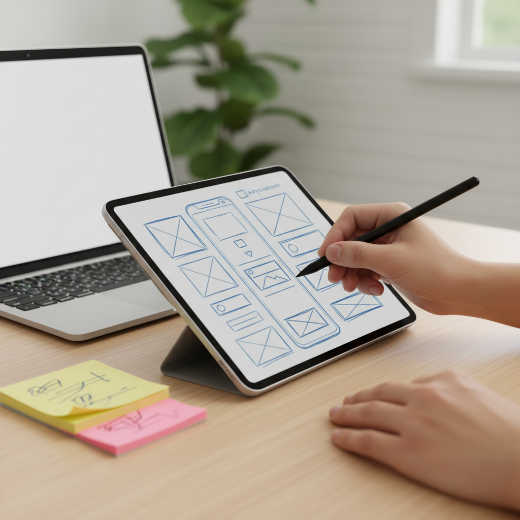 Close-up of product discovery wireframing for custom web application development, showing tablet wireframe and planning artifacts