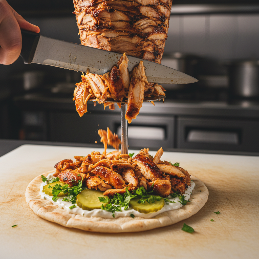 Close-up of chicken shawarma shaved from a vertical rotisserie in a Toronto kitchen, highlighting juicy texture and char for authentic Middle Eastern cuisine