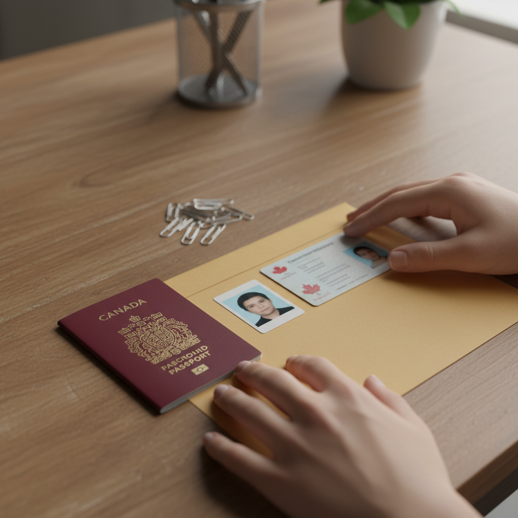 Close-up of Canadian citizenship application documents and PR card organized for Toronto applicants