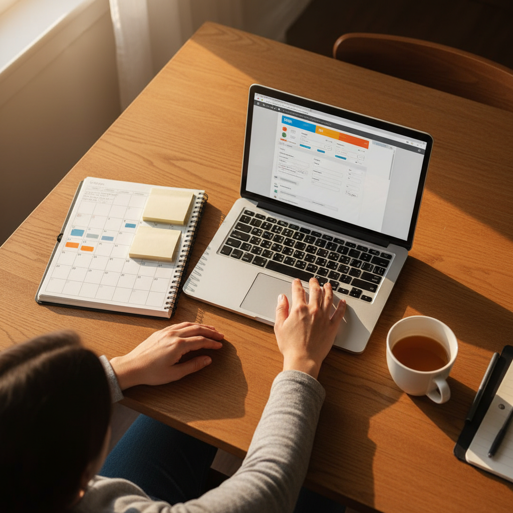Top-down view of a Toronto applicant organizing a Canadian citizenship file on a laptop with a calendar and checklist markers