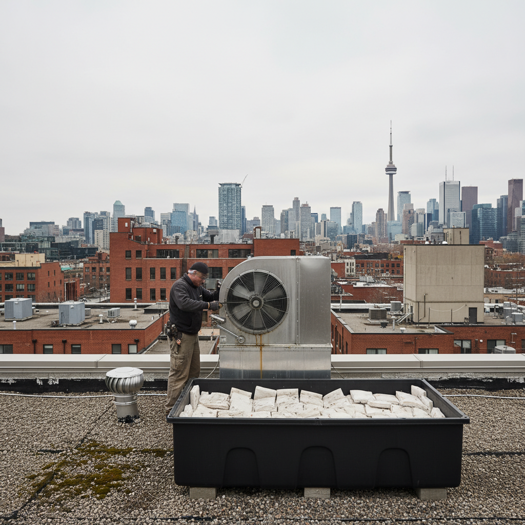 Technician servicing a rooftop exhaust fan and replacing a fan belt to optimize ventilation in Ontario