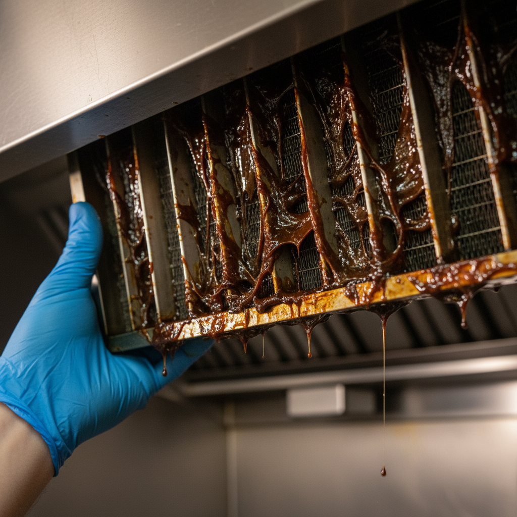 Close-up of greasy baffle filter during kitchen exhaust cleaning in Ontario showing heavy grease buildup