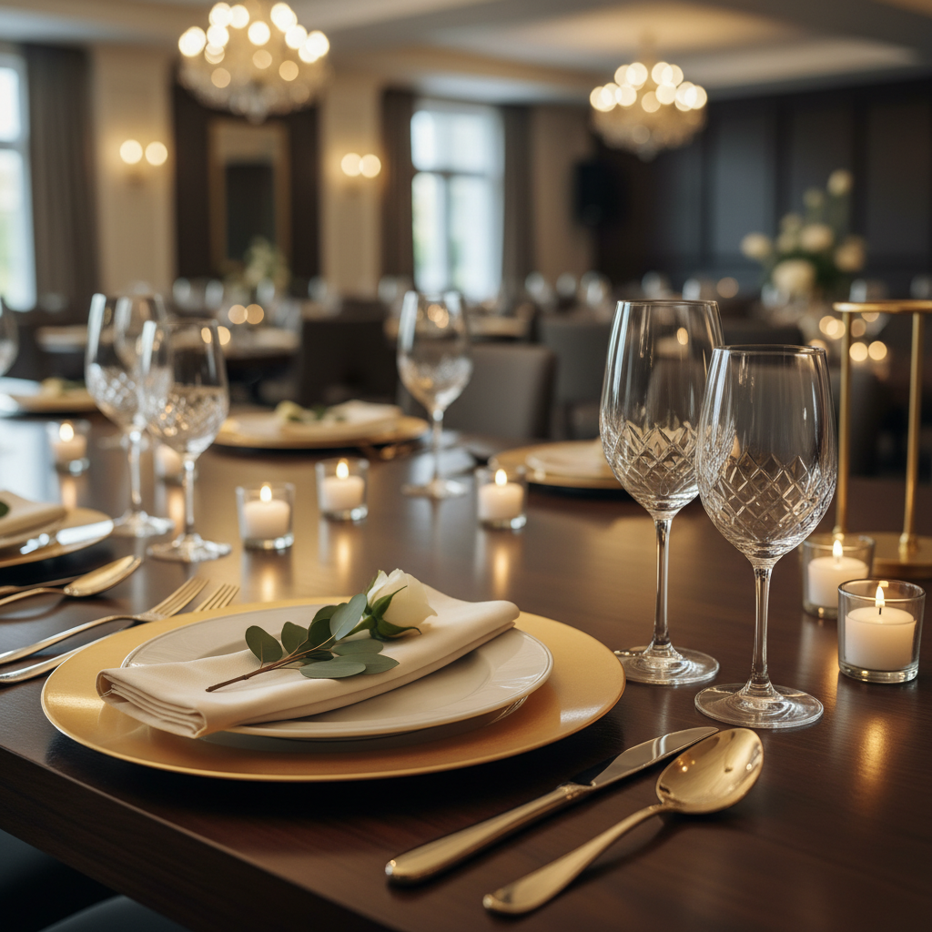Luxury wedding place setting at a banquet hall for 900 guests in Mississauga with gold accents and crystal glassware
