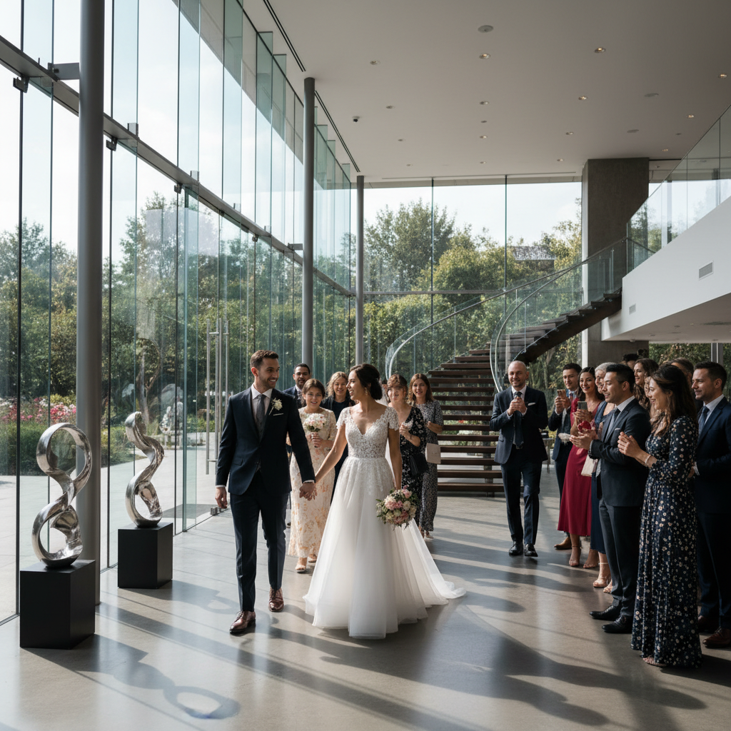 Modern banquet hall foyer in the GTA with glass walls, natural light, and guests arriving for a large wedding