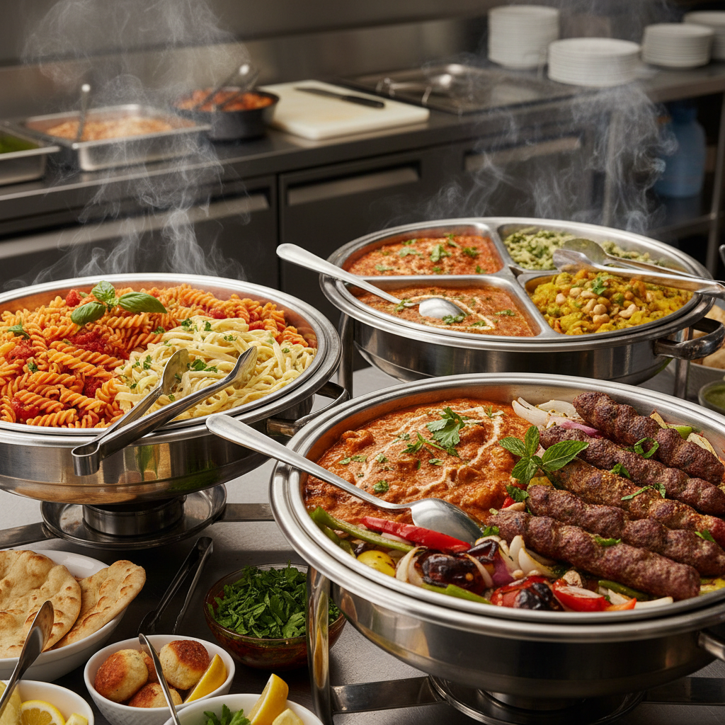 Multi-cuisine catering for a large GTA wedding featuring Italian pasta, Indian curries, and Afghan kebabs