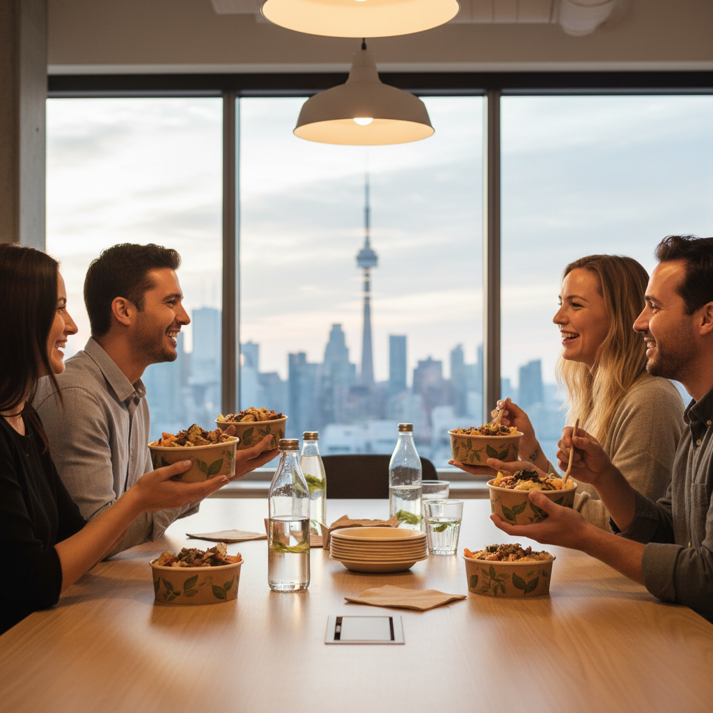 Toronto office team enjoying individually packed shawarma bowls during a meeting with eco-friendly packaging