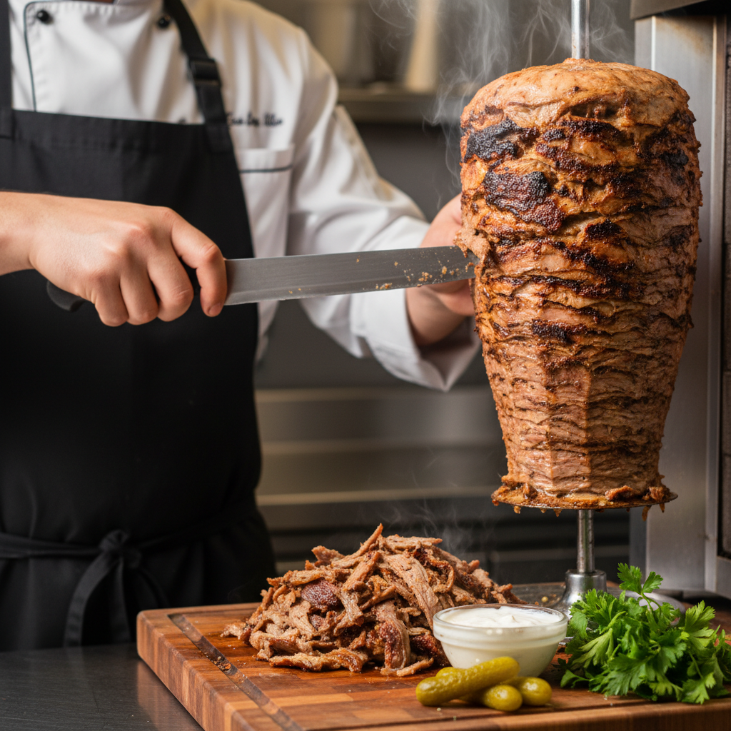 Close-up of authentic shawarma carved from rotisserie for office party catering in Toronto with garlic sauce and herbs