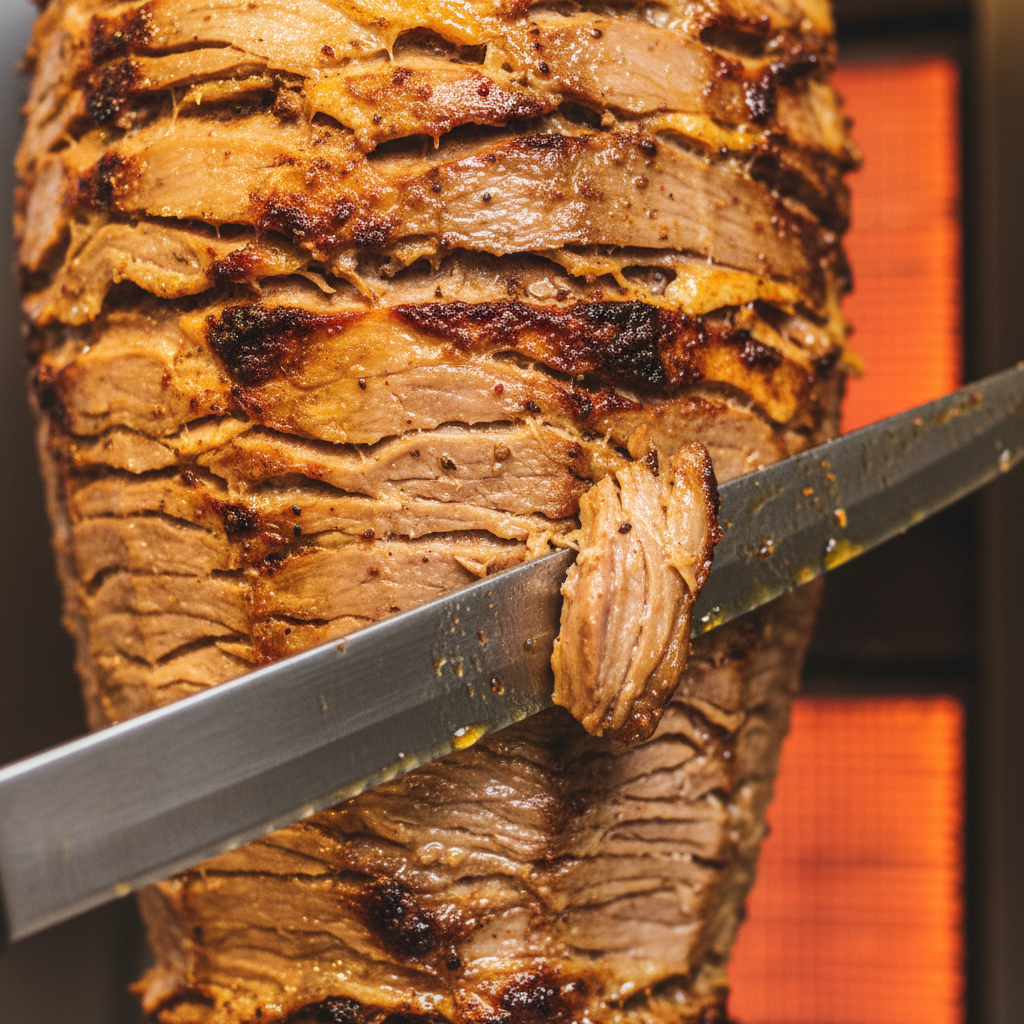 Detail shot of shawarma meat being carved for shawarma online ordering in Toronto with authentic Turkish flavors