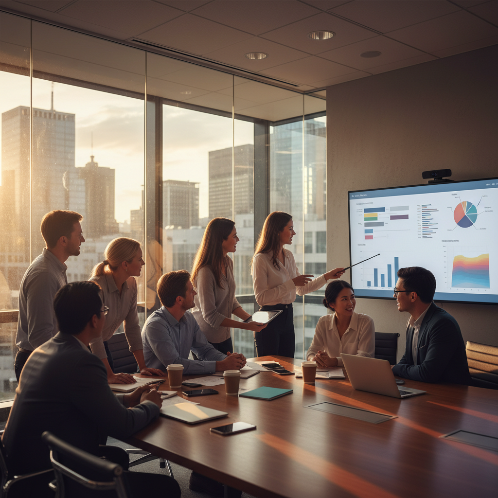 Project kickoff meeting in a glass-walled conference room, agile planning scene for custom application development companies