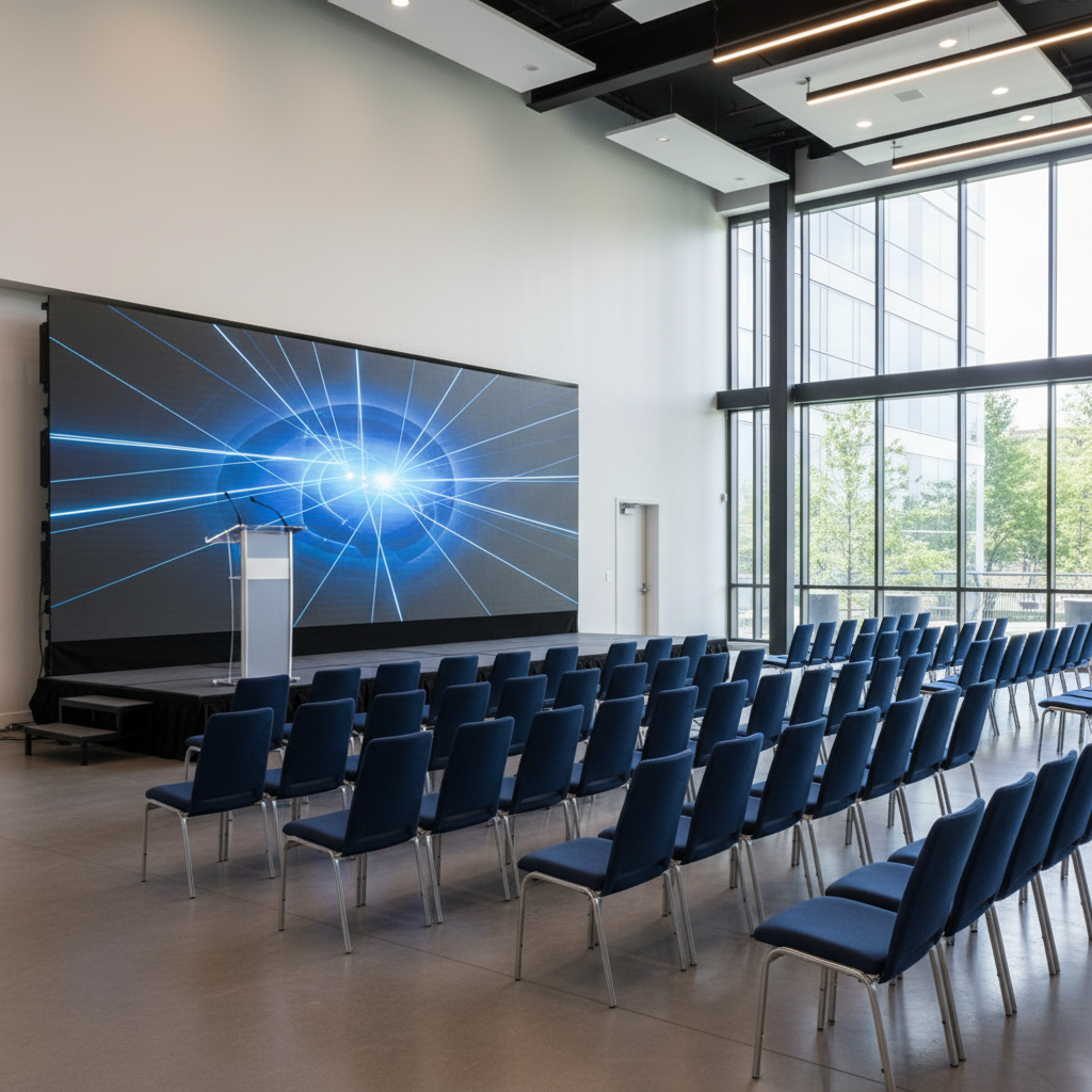 Corporate event layout in a contemporary Woodbridge banquet hall with stage and theater seating