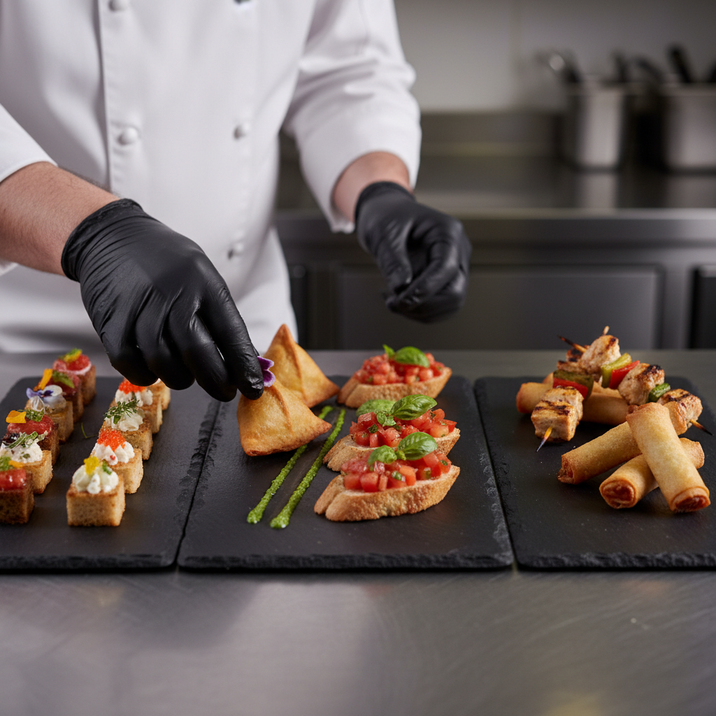 Close-up of multi-cuisine appetizers for banquet hall Toronto events being plated by chefs in a professional kitchen