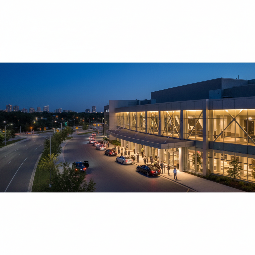 Evening exterior of a Mississauga event center with guests arriving for a large wedding celebration