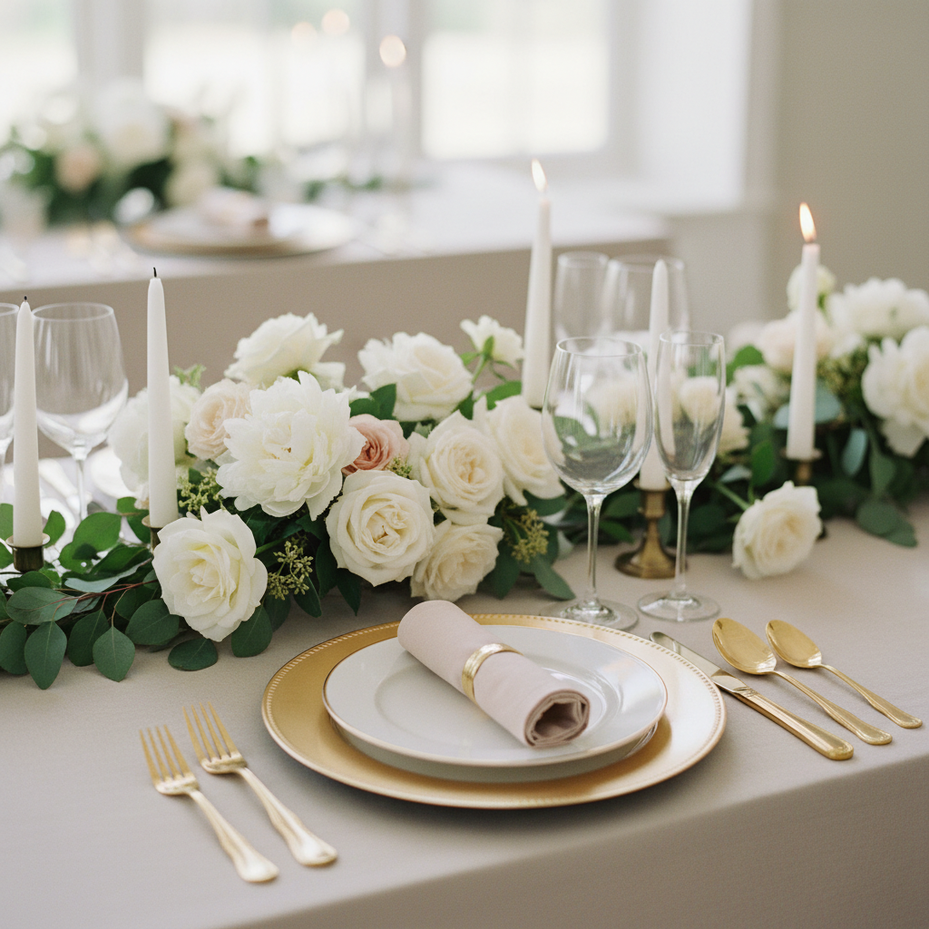 Elegant large wedding venue table setting in Mississauga with crystal glassware, gold‑rimmed plates, and floral centerpiece