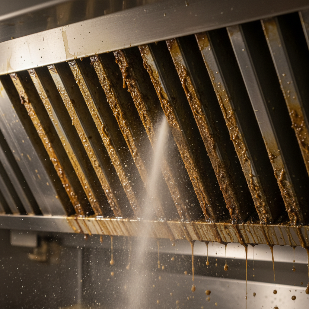 Close-up of greasy baffle filter being steam-cleaned during NFPA 96 certified kitchen exhaust cleaning in Ontario
