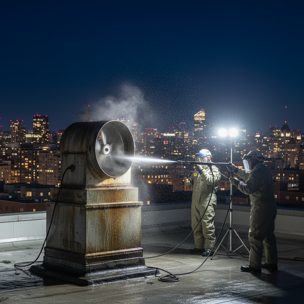Rooftop exhaust fan and vertical duct cleaning at night with pressure washing mist, Ontario restaurant compliance