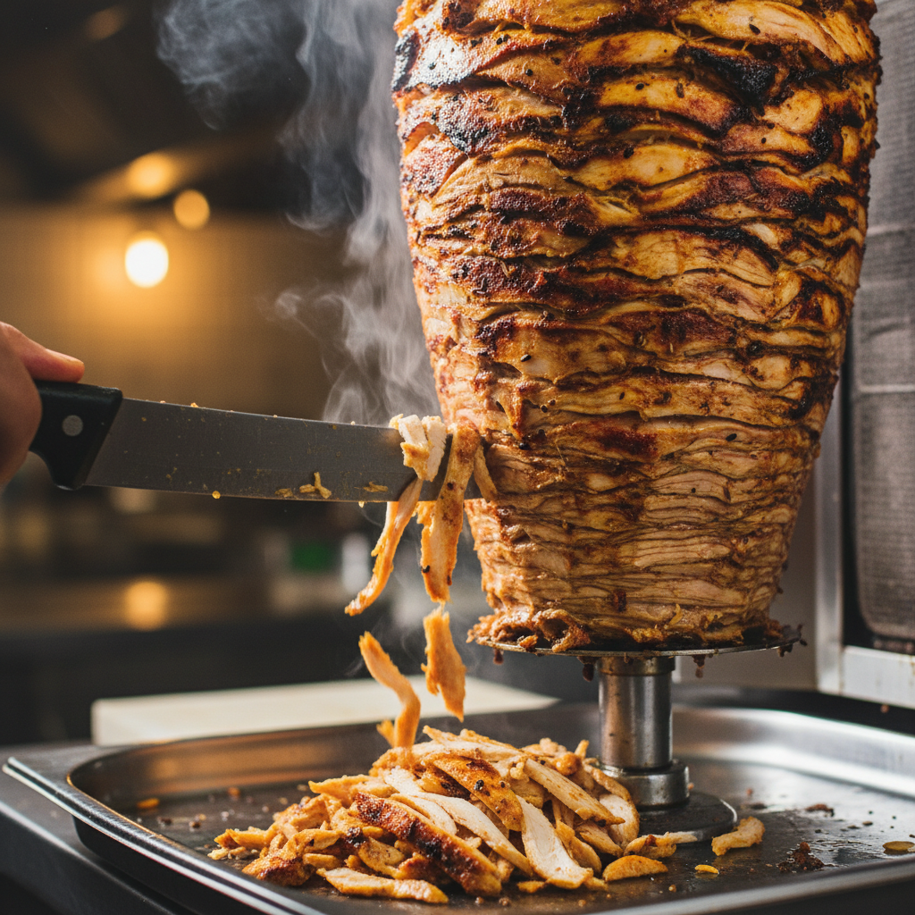 Close-up of chicken shawarma shaved from vertical rotisserie at a Mediterranean restaurant in downtown Toronto, showing crispy edges and spices