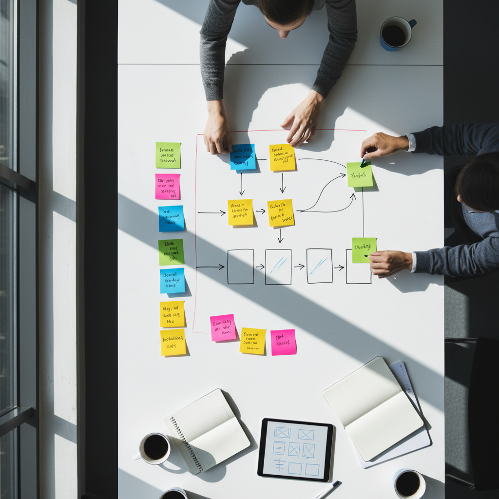 Top-down planning scene mapping user flows and MVP scope for a Laravel project