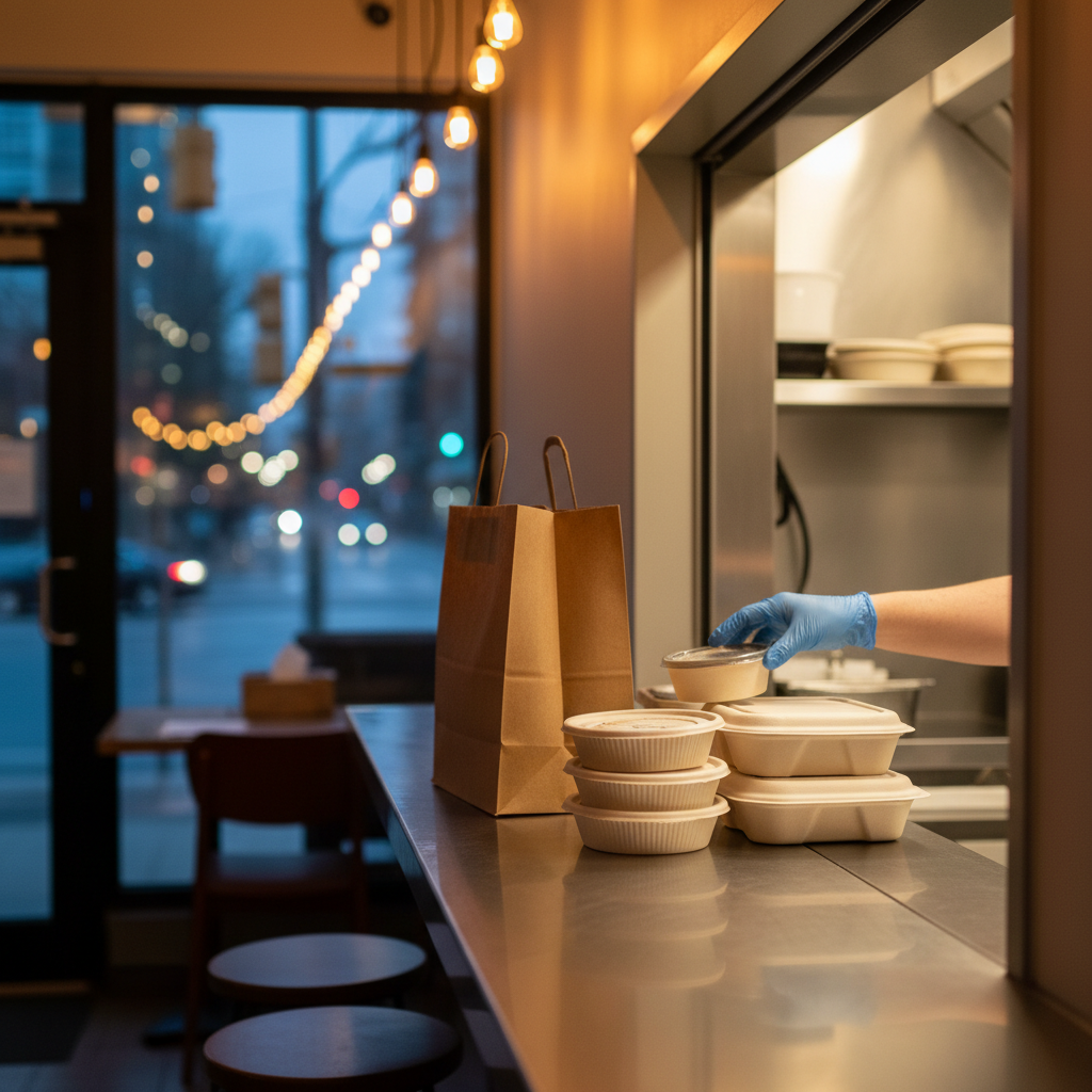 Takeout pickup scene at a Mediterranean quick-service counter with eco-friendly packaging