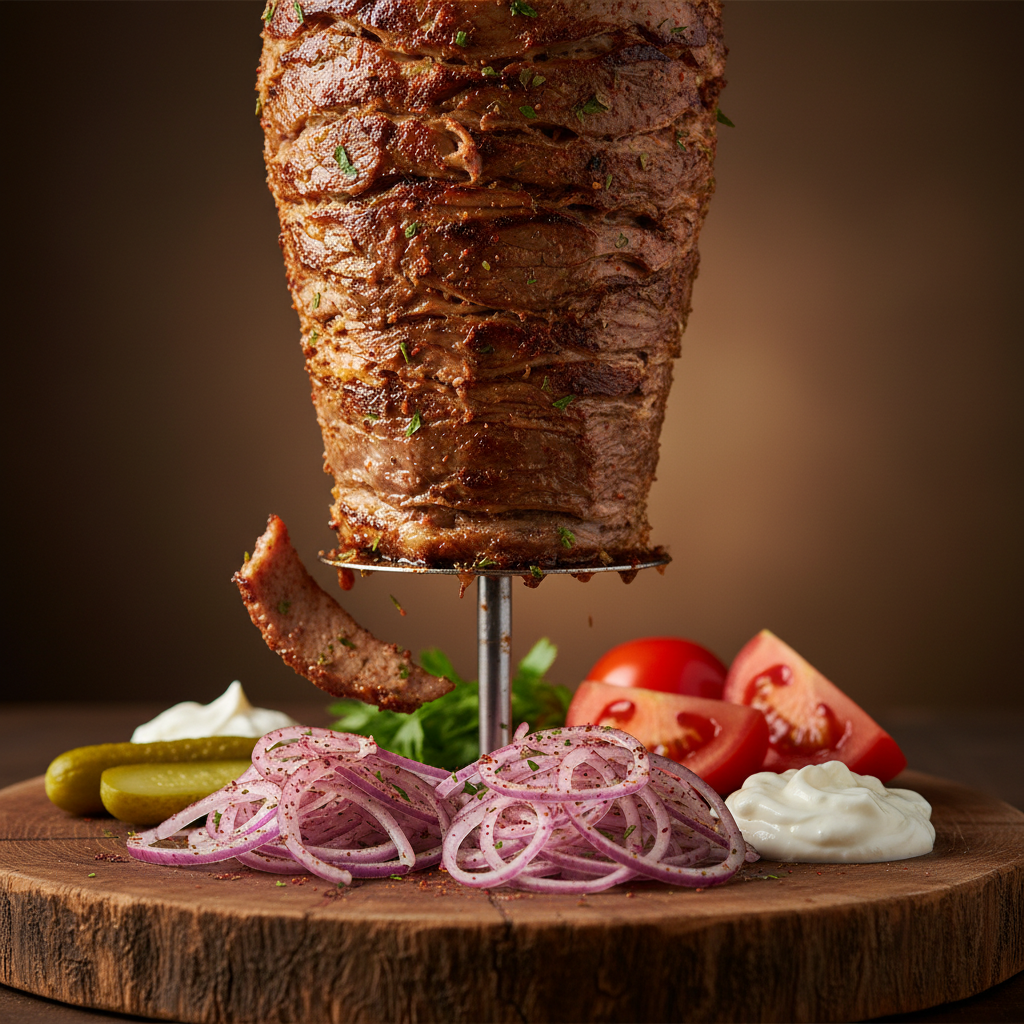 Close-up of sliced doner at a Turkish shawarma restaurant with Turkish spices, sumac onions, and pickles